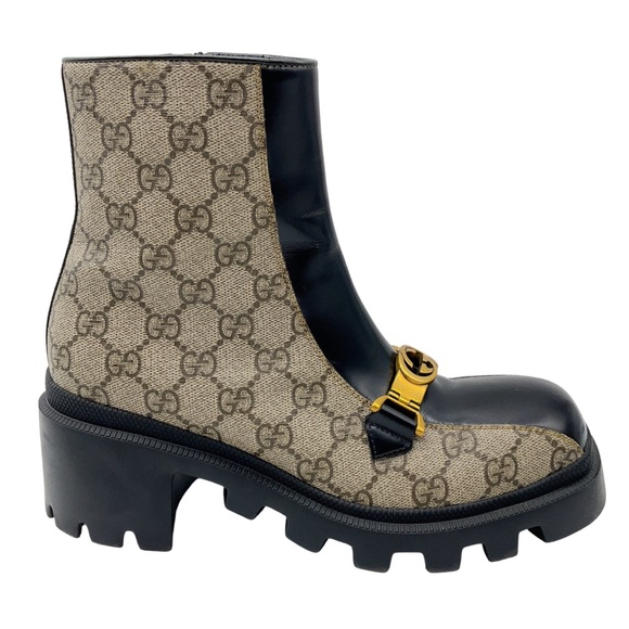 GUCCI DARK BEIGE GG SUPREME HORSEBIT INTERLOCKING G ANKLE BOOTS - Picture 2 of 10